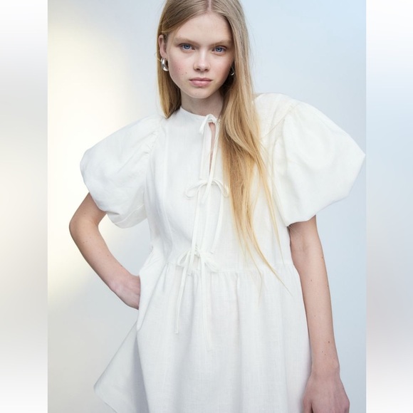 H&M Linen Puff Sleeve Mini Dress in Women’s XL - Picture 3 of 7